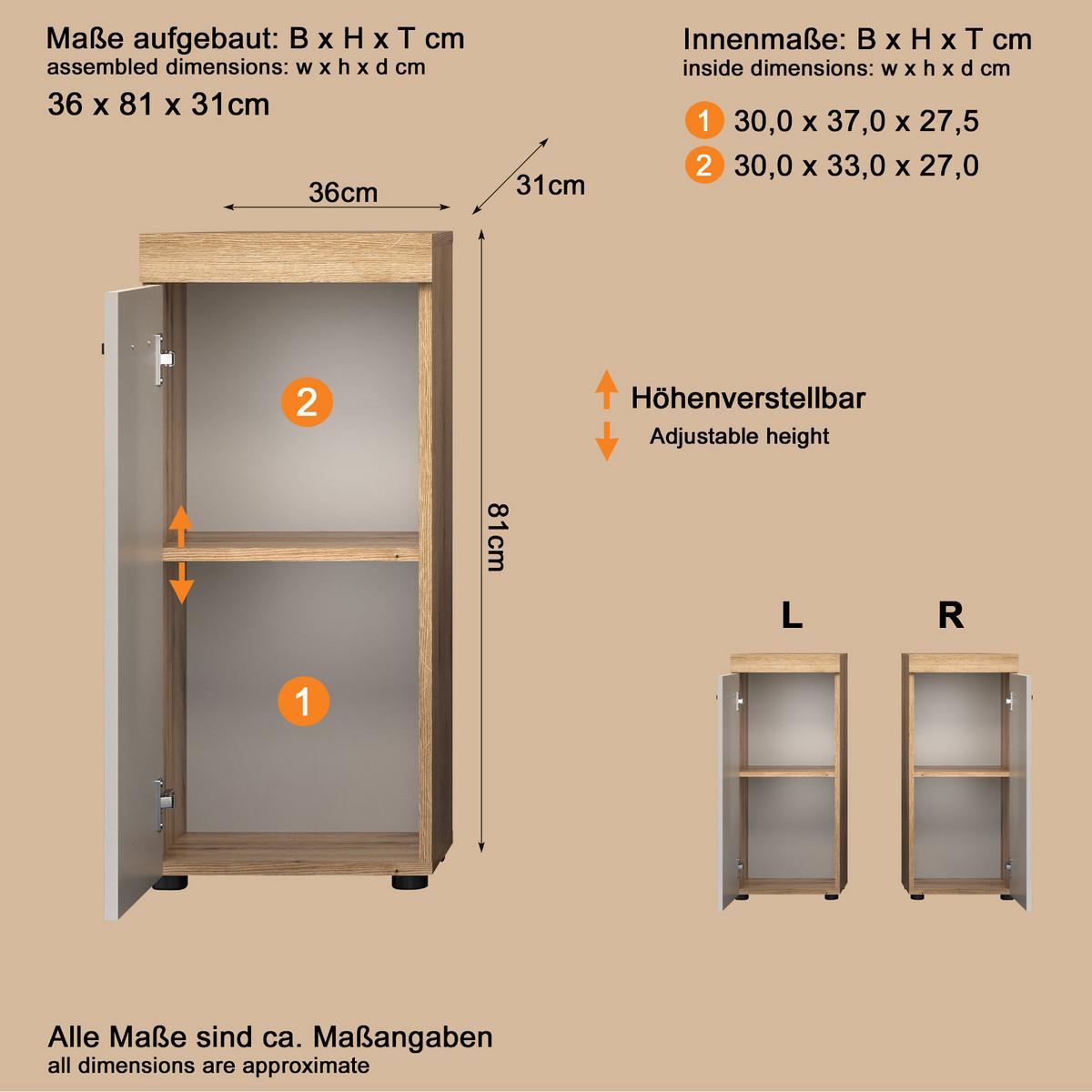 KOMMODE Kaschmir, Evoke Eiche 36 x 81 cm, Badschrank in modernem Design - Kaschmir/Eichefarben, Holzwerkstoff/Kunststoff (36/81/31cm) - Top.Furn