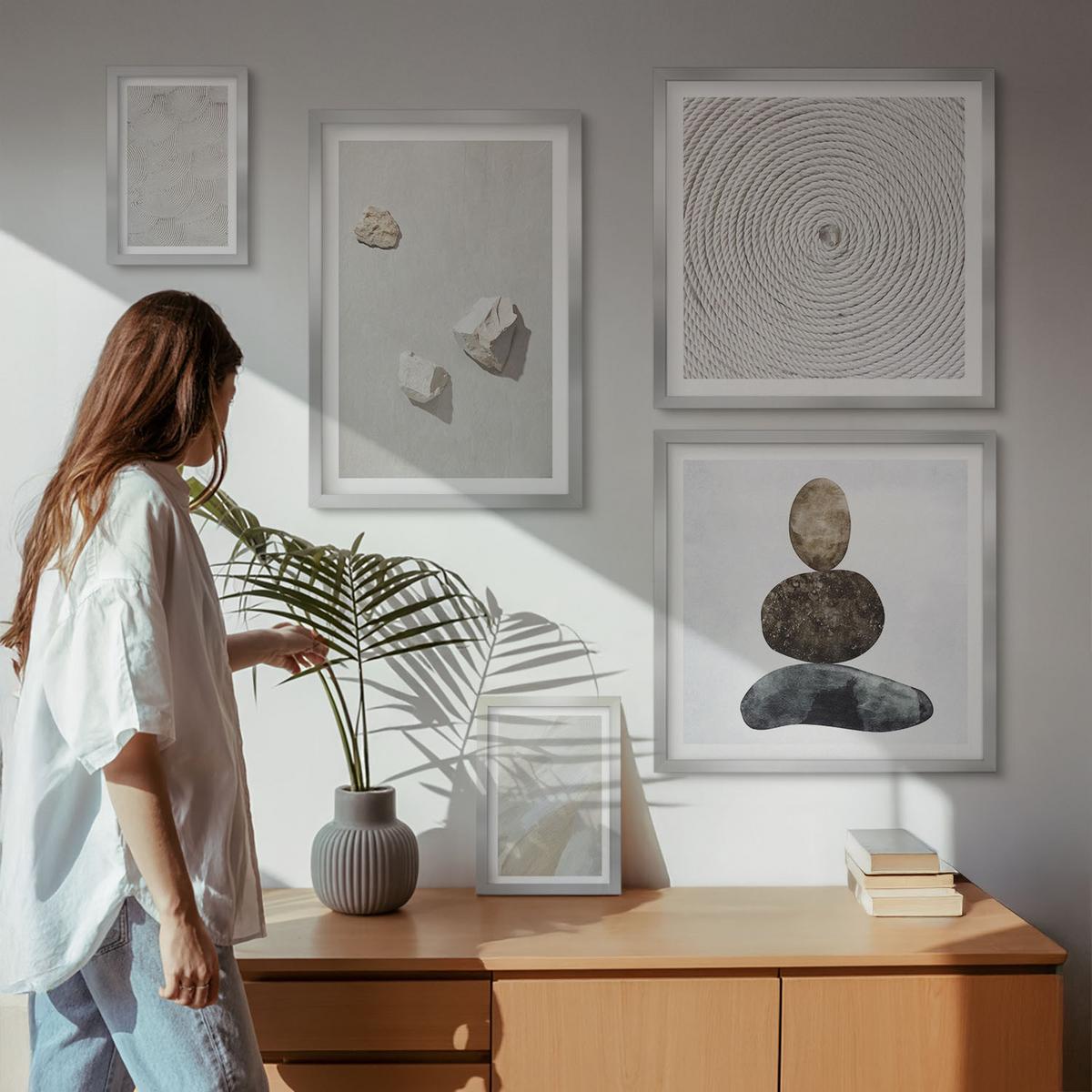 BILDER SET 5er Set - 50x50 cm & 20x30 cm & 40x60 cm Silberner Rahmen - Sandsteine moderne Farbe - Silberfarben, Kunststoff (40/60cm) - TULUP