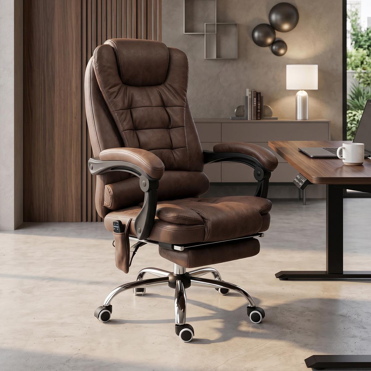 CHEFSESSEL mit Massagefunktion, Ergonomisch Schreibtischstuhl mit Liegefunktion - Silberfarben/Braun, Kunststoff/Textil (70/119/65cm) - Vinsetto