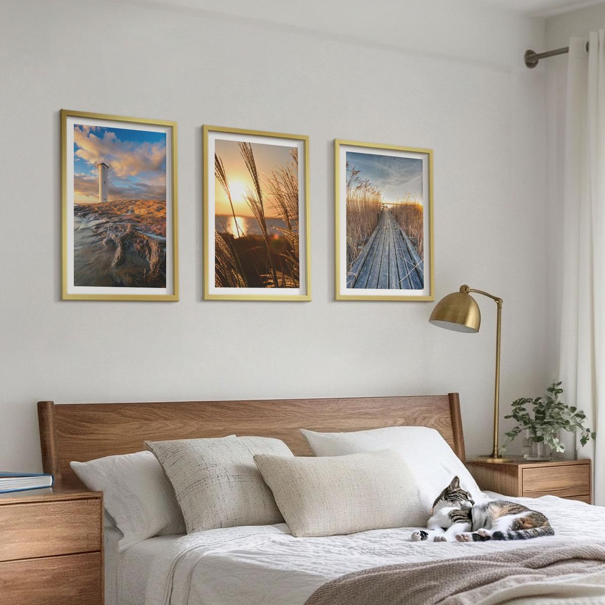 BILDER SET 3er Set - 40x60 cm Goldrahmen - Leuchtturm-Grassteg - Goldfarben, Kunststoff (40/60cm) - TULUP