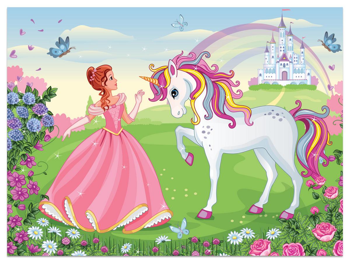 FOTOTAPETE für Kinderzimmer Prinzessin Einhorn Schloss Blumen 250x175 - Blau/Gelb, Papier (250/175cm) - Muralo