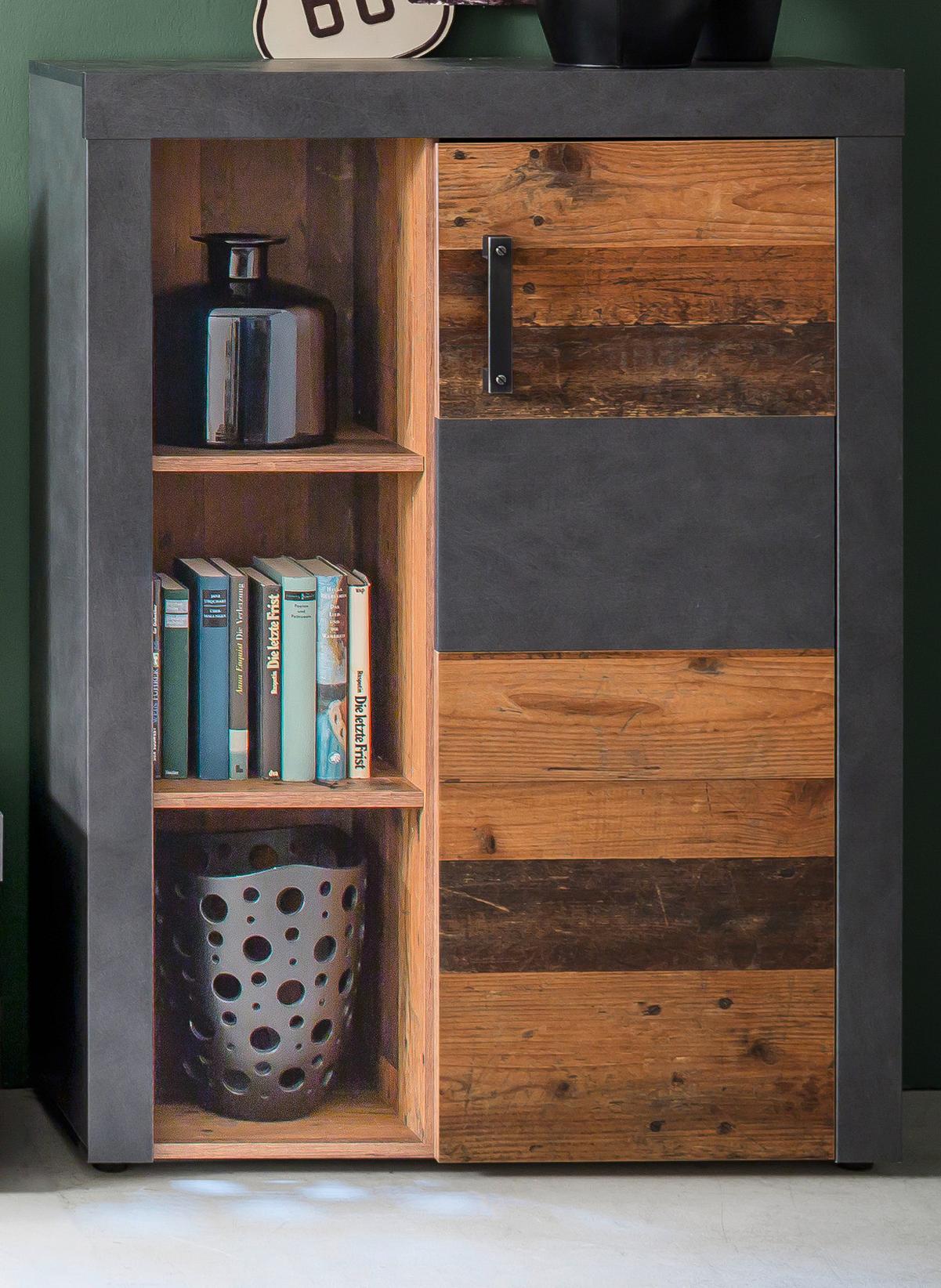 HIGHBOARD Used Wood Altholz Design mit Grau, Vitrine mit LED Beleuchtung - Silberfarben/Schwarz, Glas/Holzwerkstoff (87/118/34cm) - Top.Furn