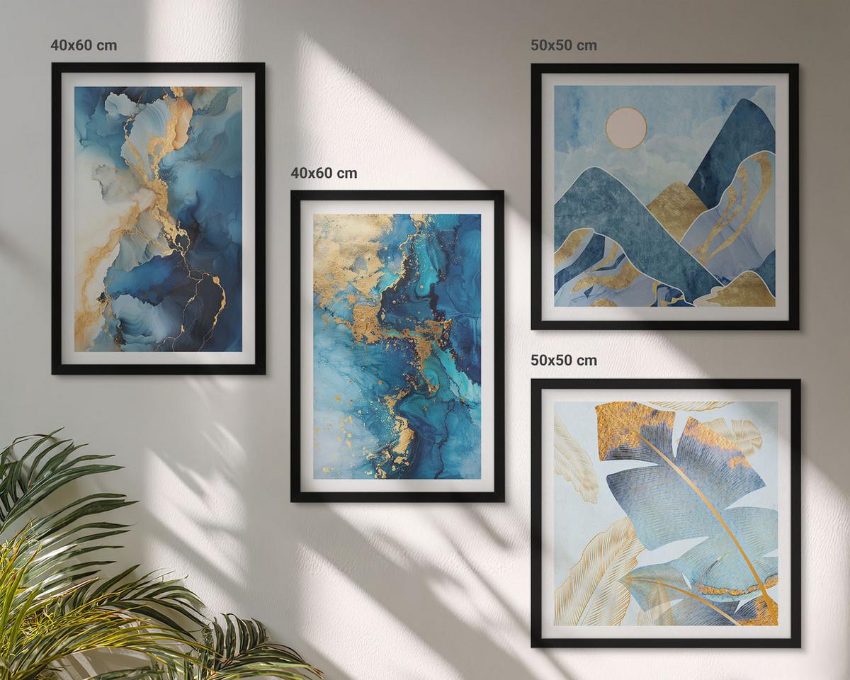 BILDER SET 4er Set - 50x50 cm & 40x60 cm Schwarzer Rahmen - Goldmuster in den blauen Bergen - Schwarz, Kunststoff (50/50cm) - TULUP