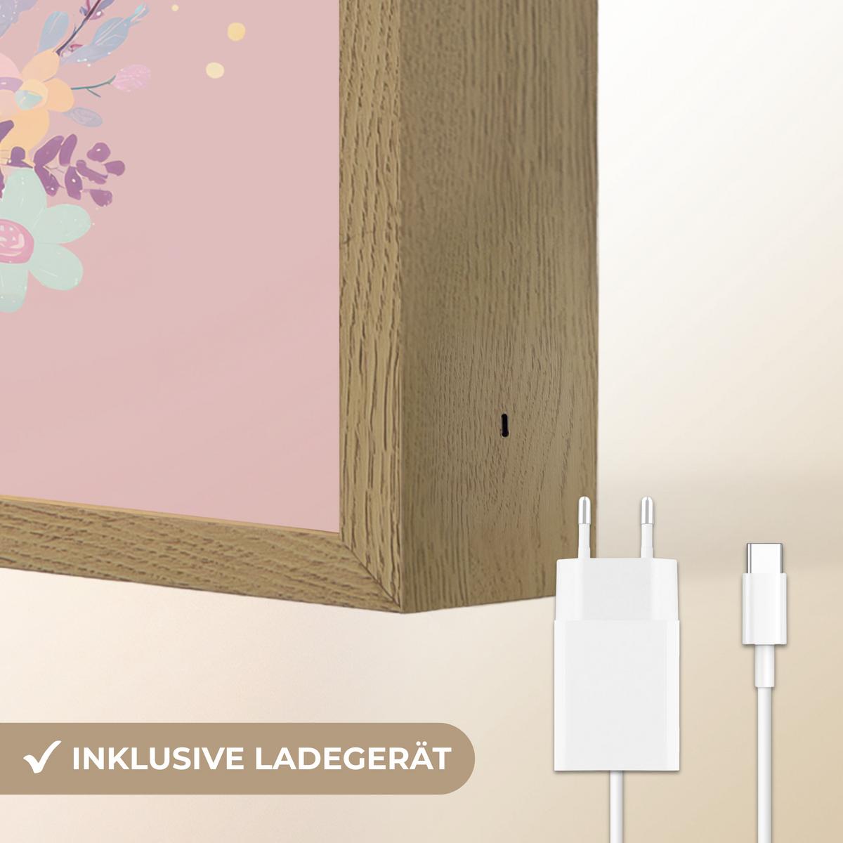 NACHTTISCHLAMPE MIT AKKU Einhorn - Rosa - Blumen 30x40 cm - Rosa, Holzwerkstoff (8/30/40cm) - OnlyWow