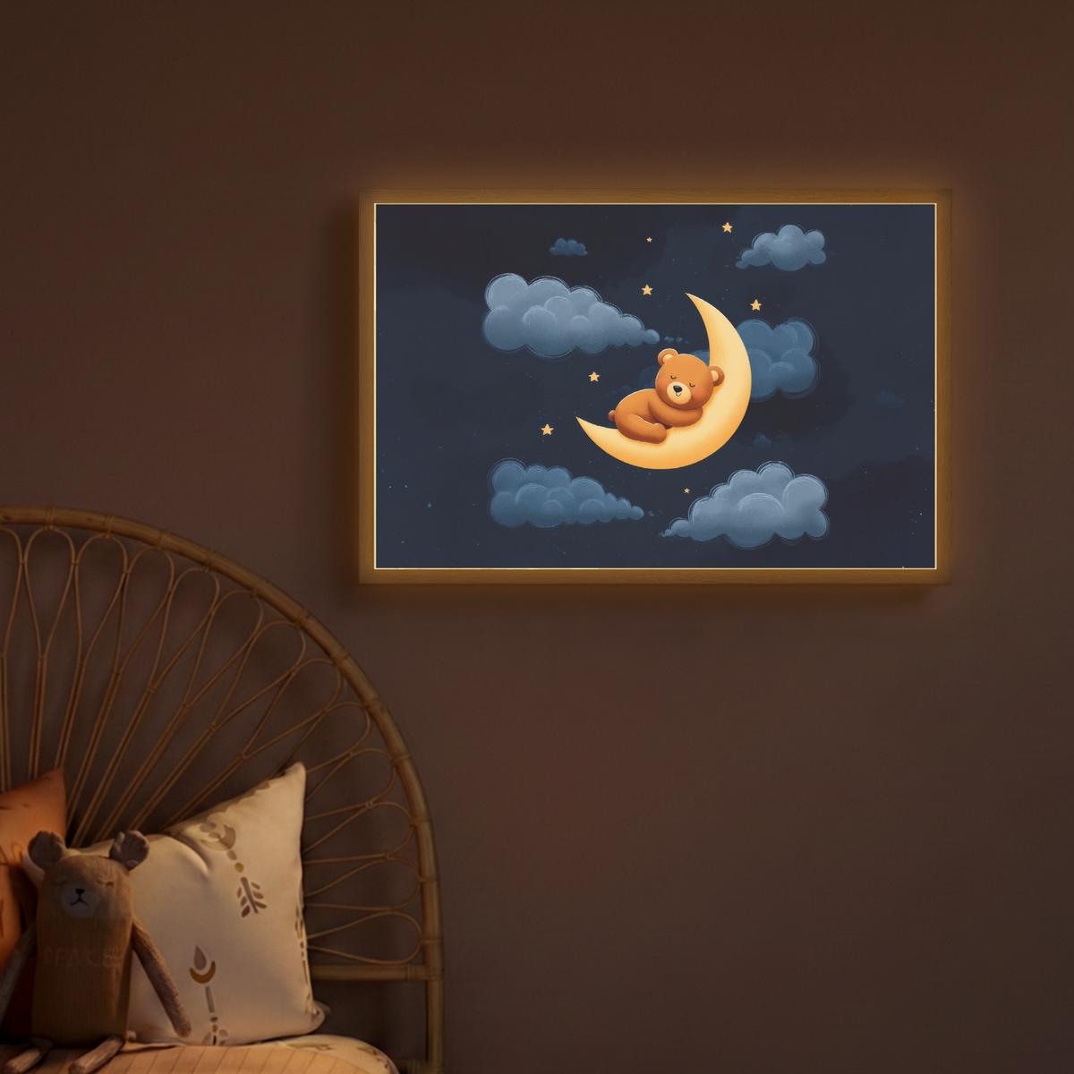 WANDLEUCHTE MIT AKKU Teddybär - Mond - Wolken - Sterne 60x40 cm - Dunkelblau, Holzwerkstoff (60/40/8cm) - OnlyWow