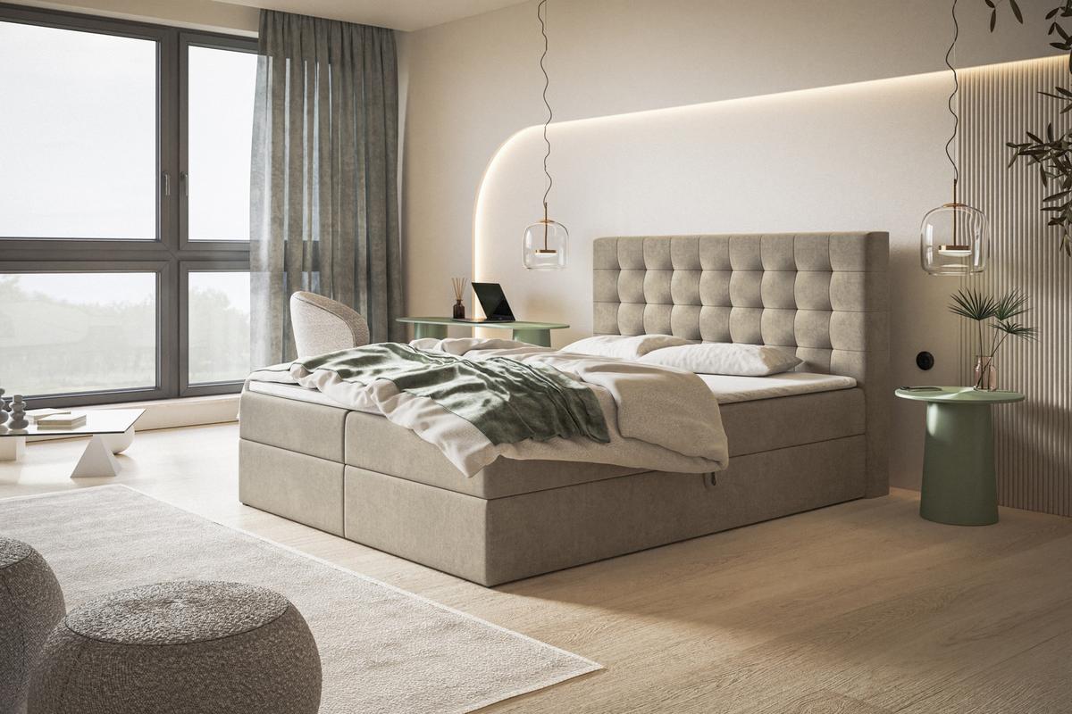 BOXBETT RIO mit 2 Bettkästen, 180x200, Farbe: Sand, Velourstoff, Doppelbett mit Bonell-Matratze - Sahara, Holz/Kunststoff (180/200cm) - Alpi-Möbel