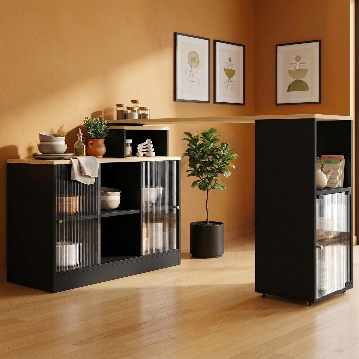 KÜCHENINSEL ausziehbar 170 cm Schwarz – Drehbare Barinsel mit Glas-Schiebetüren & Stauraum - Schwarz, Holzwerkstoff (115/60/100cm) - Urban Meuble