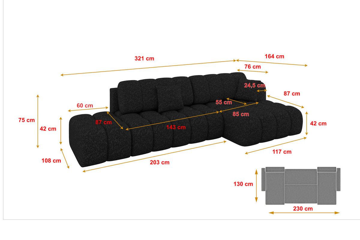 ECKSOFA mit Schlaffunktion Ottomane RECHTS OLEA-L2 321x164x75 Schwarz Tissu - Schwarz Hochglanz/Schwarz, Holzwerkstoff/Kunststoff (164/321cm) - ALTDECOR