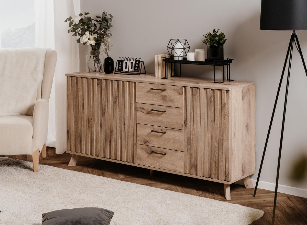 SIDEBOARD Eiche 175 cm, Kommode mit Push-to-Open und viel Stauraum - Eichefarben/Messingfarben, Holzwerkstoff/Metall (175/85/40cm) - Furn.Design