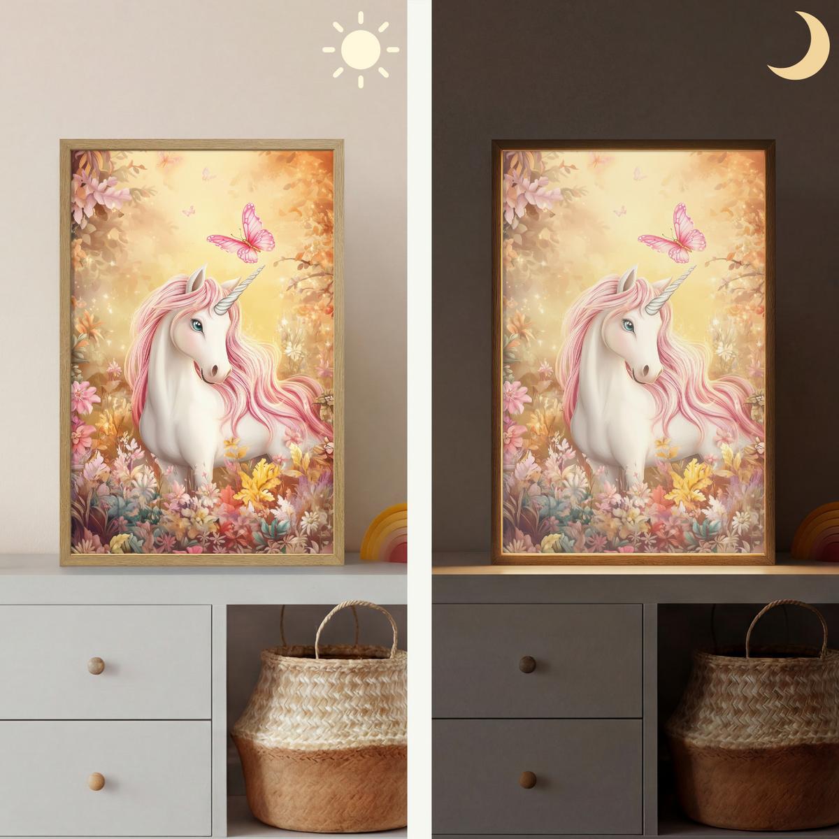 WANDLEUCHTE MIT AKKU Einhorn - Blumen - Schmetterling - Rosa 40x60 cm - Beige, Holzwerkstoff (40/60/8cm) - OnlyWow