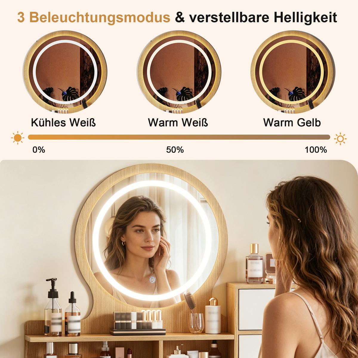 SCHMINKTISCH-SET in Holzoptik mit Weiß, LED-Spiegel, Hocker und 4 Schubladen - Naturfarben, Holzwerkstoff (80/135/40cm) - Urban Meuble