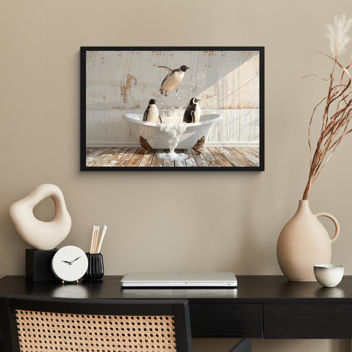 POSTER MIT RAHMENGERAHMTES BILD Vintage - Pinguin - Badewanne - Schaumstoff 60x40 cm - Schwarz, Papier (60/40cm) - MuchoWow