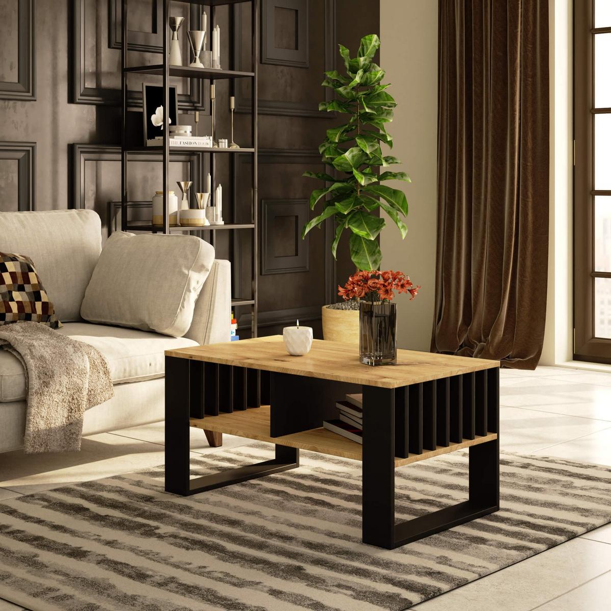 COUCHTISCH Eiche Artisan, Schwarz 45/92/53 - Schwarz/Eiche Artisan, Textil (53/92/45cm) - RAUMHIRSCH FURNITURE