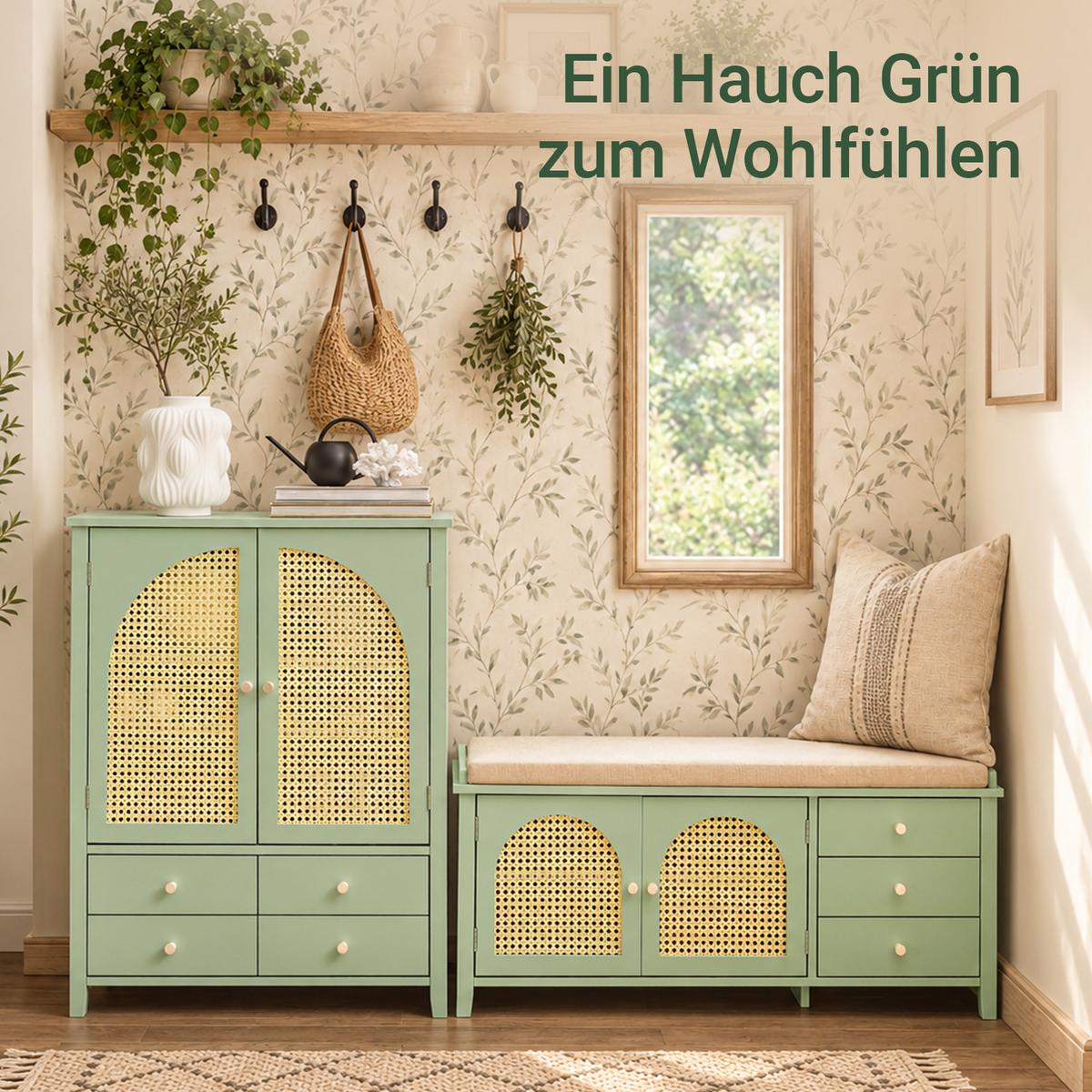SCHUHBANK Grün, 100 cm breit, Rattangeflecht-Türen, Leinen-Sitzpolster, 2 Türen & 3 Schubladen, bis 150 kg, für Flur & Diele - Grün, Holzwerkstoff (100/46/34cm) - SoBuy