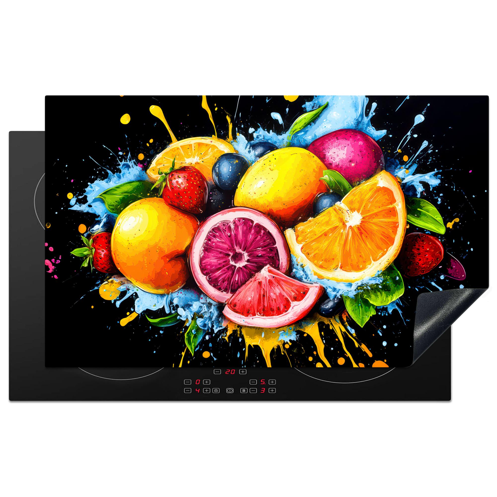 HERDABDECKPLATTE Obst - Graffiti - Bunt - Orange - Erdbeere - Abstrakt Ceranfeldabdeckung 85x52 cm - Orange, Kunststoff (85/52/0.2cm) - MuchoWow