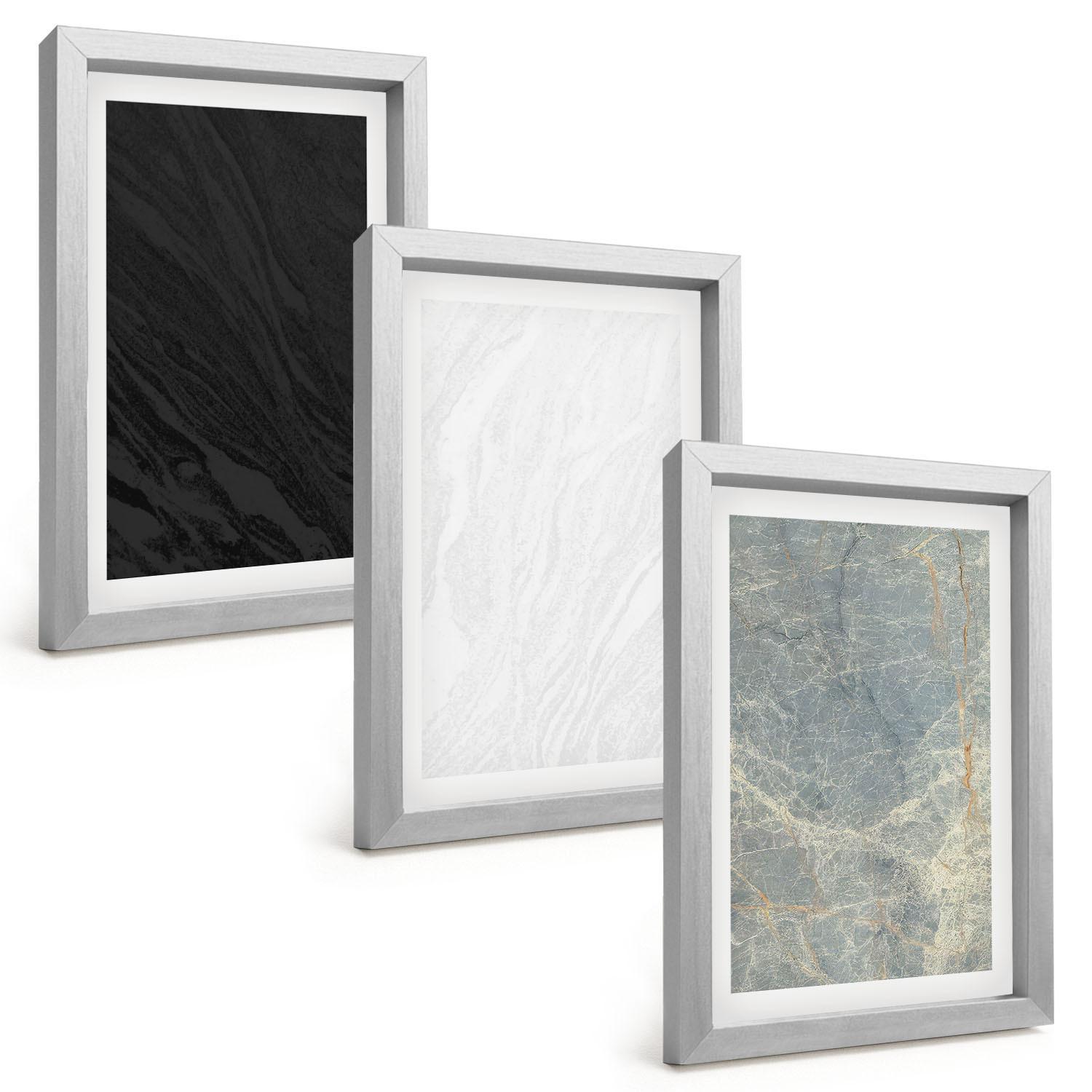 BILDER SET 3er Set - 20x30 cm Silberner Rahmen - Die Farben eleganter Steinstrukturen - Silberfarben, Kunststoff (20/30cm) - TULUP