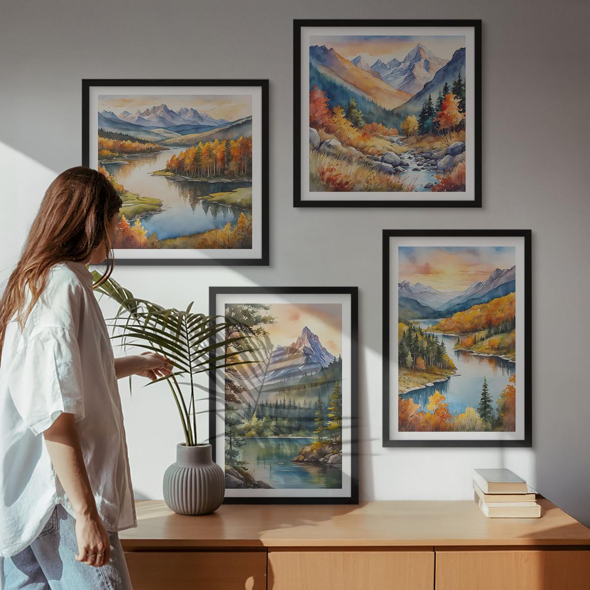 BILDER SET 4er Set - 50x50 cm & 40x60 cm Schwarzer Rahmen - Berglandschaften mit einem Fluss - Schwarz, Kunststoff (50/50cm) - TULUP