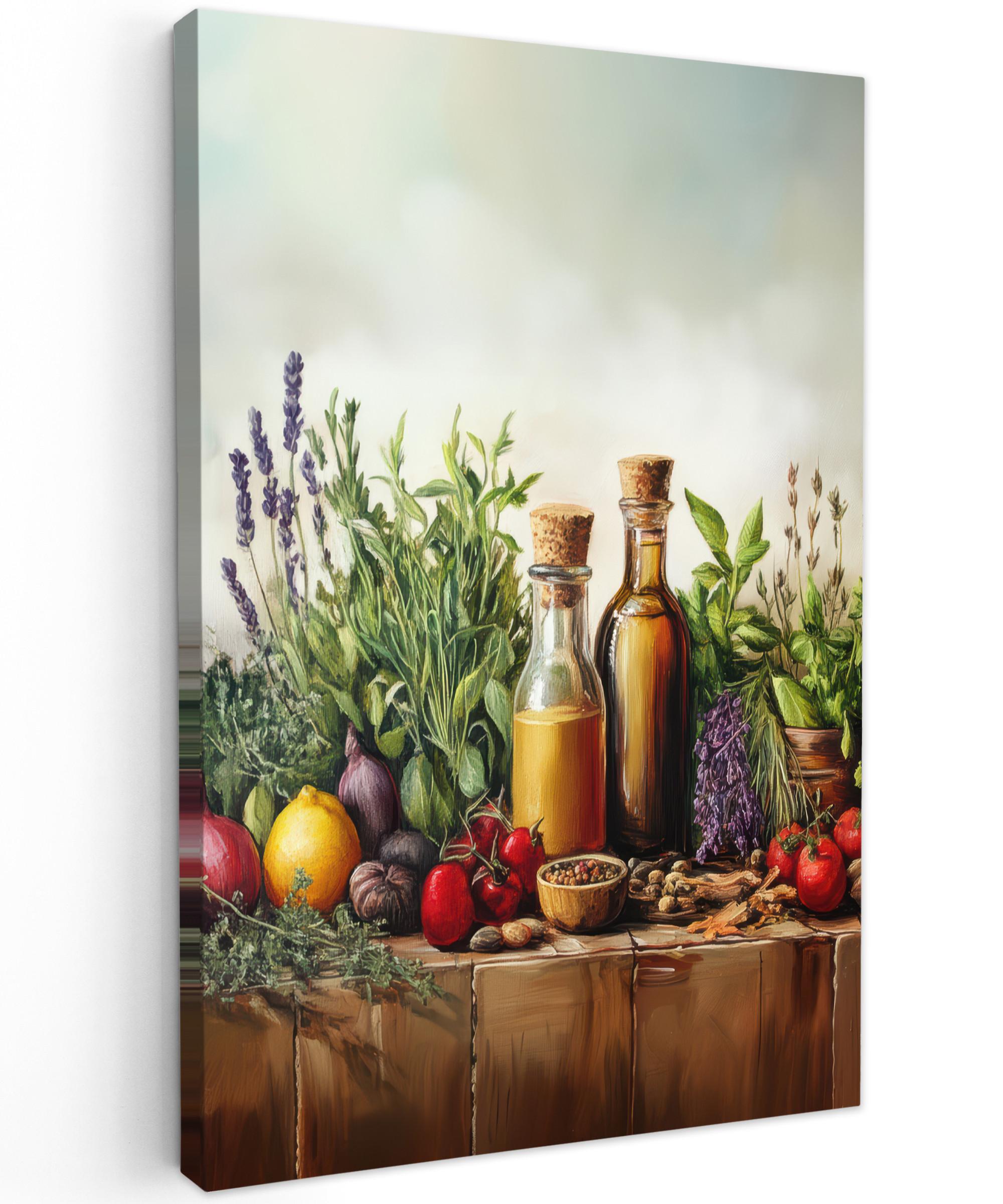 LEINWANDBILD Stilleben - Kräuter - Gewürze - Früchte - Farbenfroh Wanddeko Schlafzimmer 60x90 cm - Grün, Textil (60/90cm) - MuchoWow