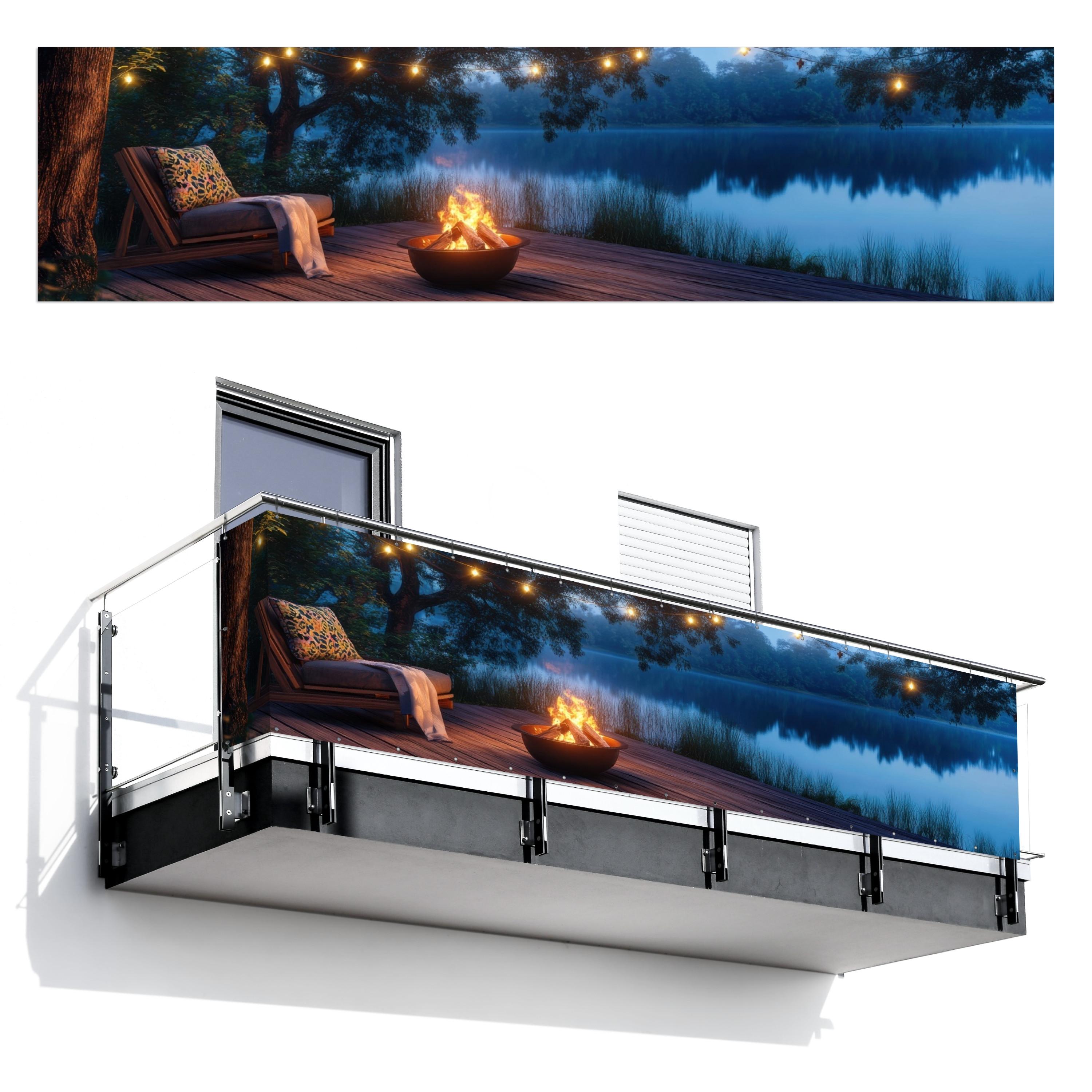 BALKON-SICHTSCHUTZ Lagerfeuer - See - Abendlicht Deko XXL 500x130 cm - Dunkelblau, Kunststoff (500/130cm) - MuchoWow