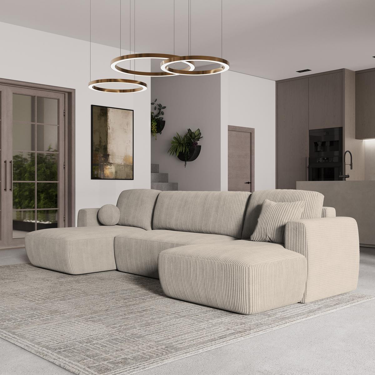 WOHNLANDSCHAFT SENTUM P Creme Kordstoff mit Schlaffunktion - Creme/Schwarz, Holz/Kunststoff (330/90/148cm) - MASSENO