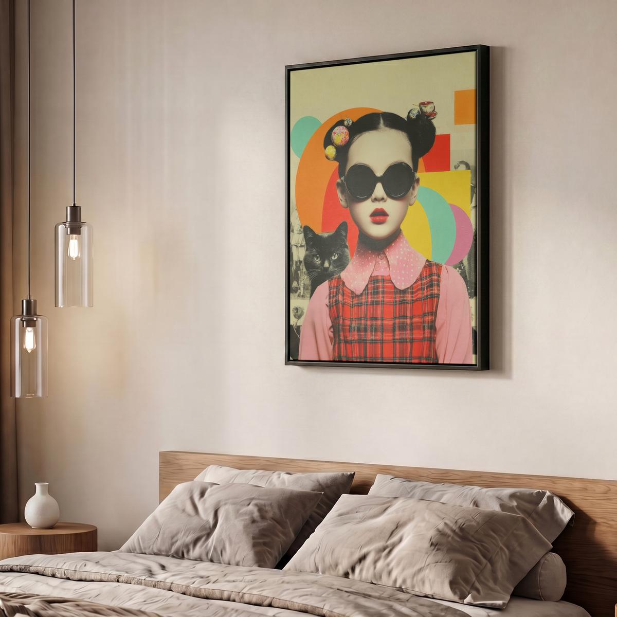 LEINWAND Bilder mit Rahmen - Mädchen - Sonnenbrille - Katze - Retro - 60x80 - Beige, Textil (60/80cm) - MuchoWow