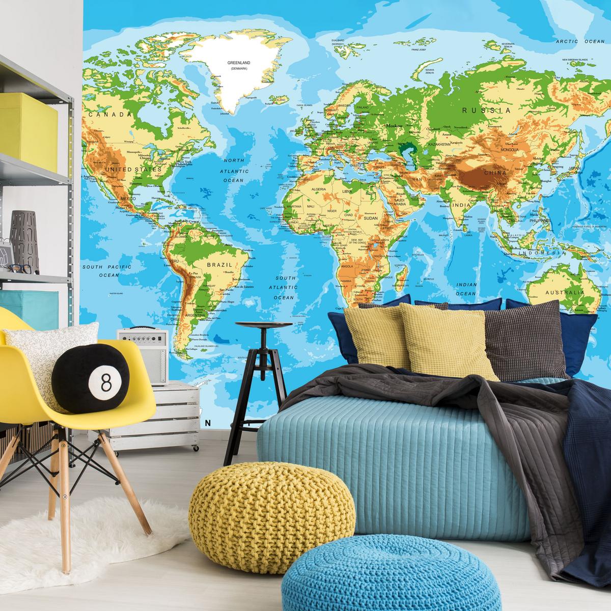 FOTOTAPETE für Wohnzimmer Physische Weltkarte Schriften 350x256 - Blau/Gelb, Papier (350/256cm) - Muralo