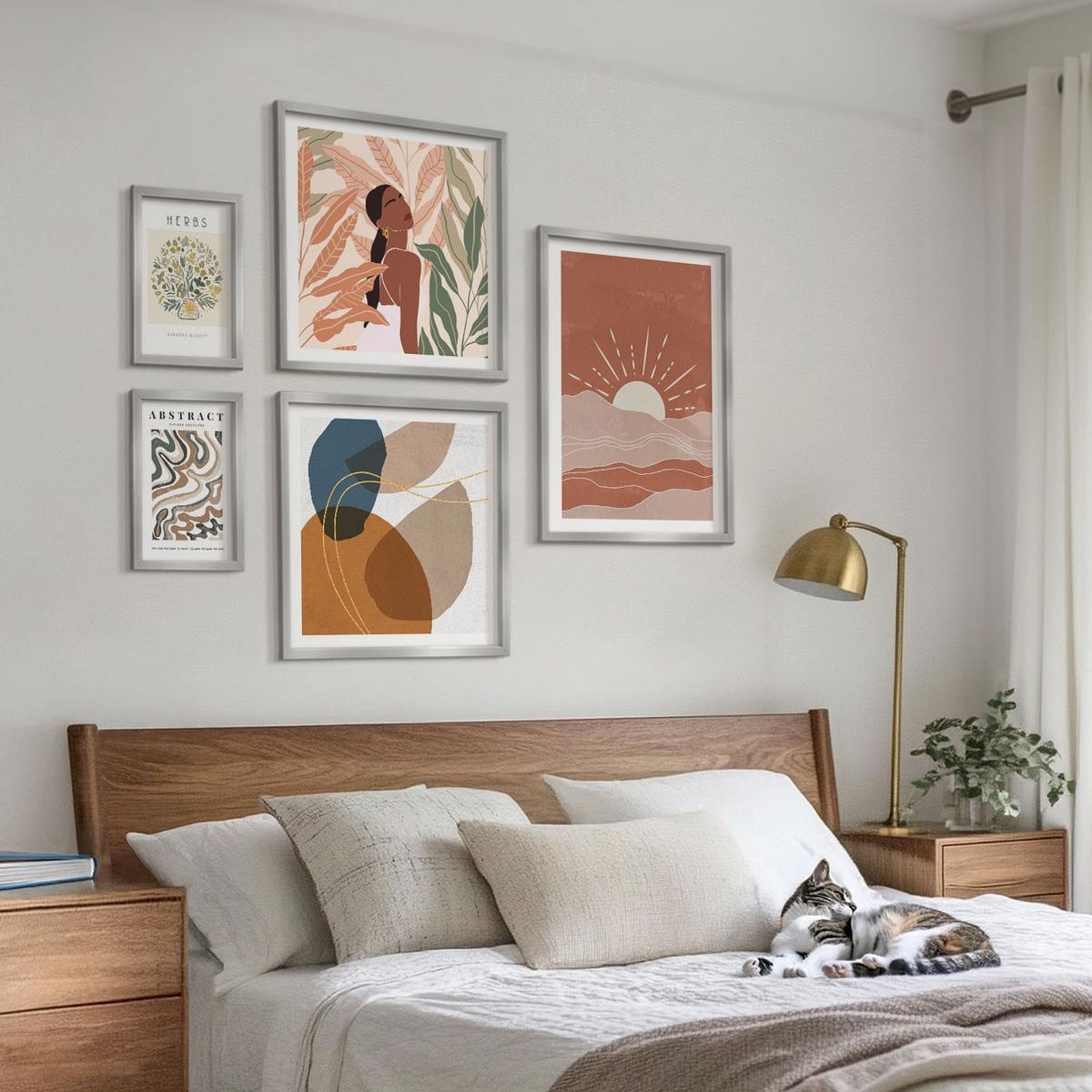 BILDER SET 5er Set - 50x50 cm & 20x30 cm & 40x60 cm Silberner Rahmen - Boho-Ästhetik, Pastellposter - Silberfarben, Kunststoff (40/60cm) - TULUP