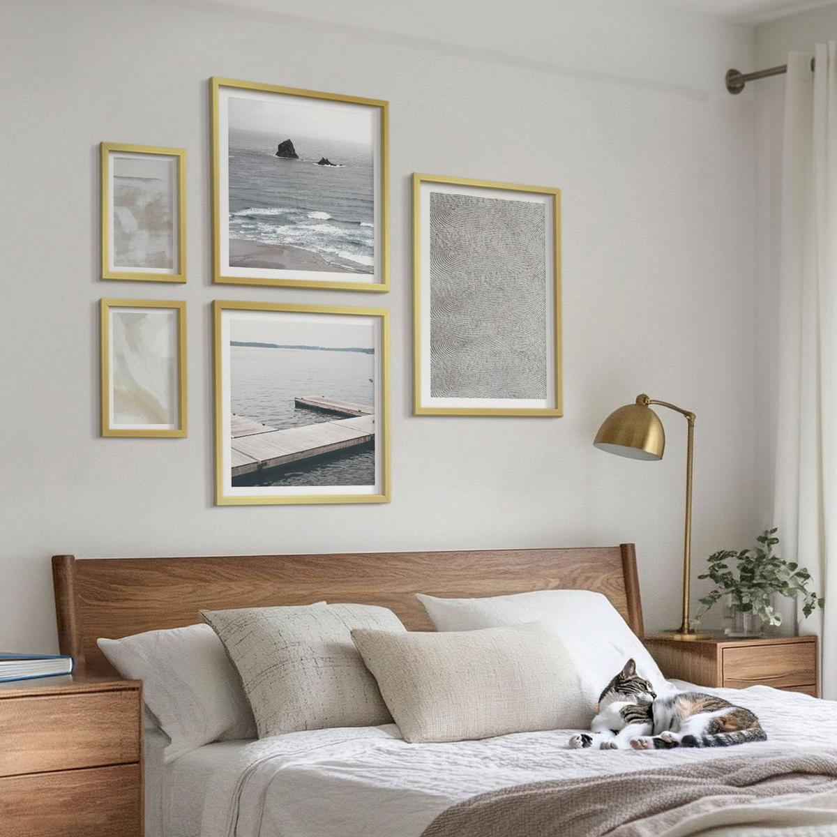 BILDER SET 5er Set - 50x50 cm & 20x30 cm & 40x60 cm Goldrahmen - Abstraktes Design, moderne Texturen - Goldfarben, Kunststoff (40/60cm) - TULUP