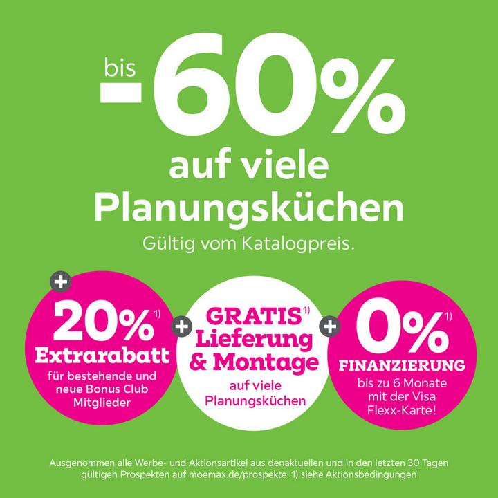 bis -60% auf viele Planungsküchen + 20% Extrarabatt für bestehende und neue Bonus Club Mitglieder + Gratis Lieferung und Montage auf viele Planungsküchen