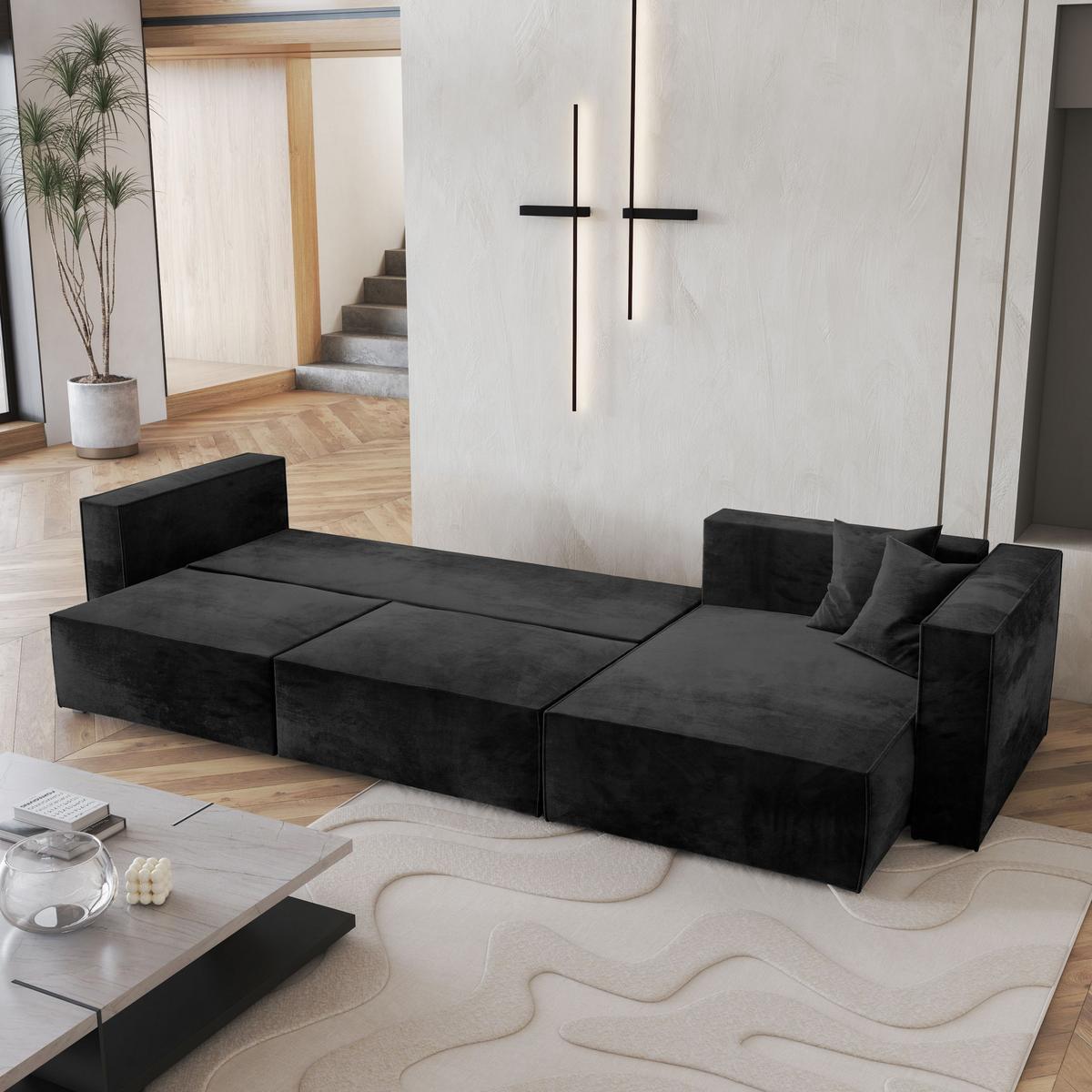 ECKSOFA TOLMO M Schwarz Velours-Stoff mit Schlaffunktion - Schwarz/Grau, Holz/Kunststoff (347/148cm) - MASSENO