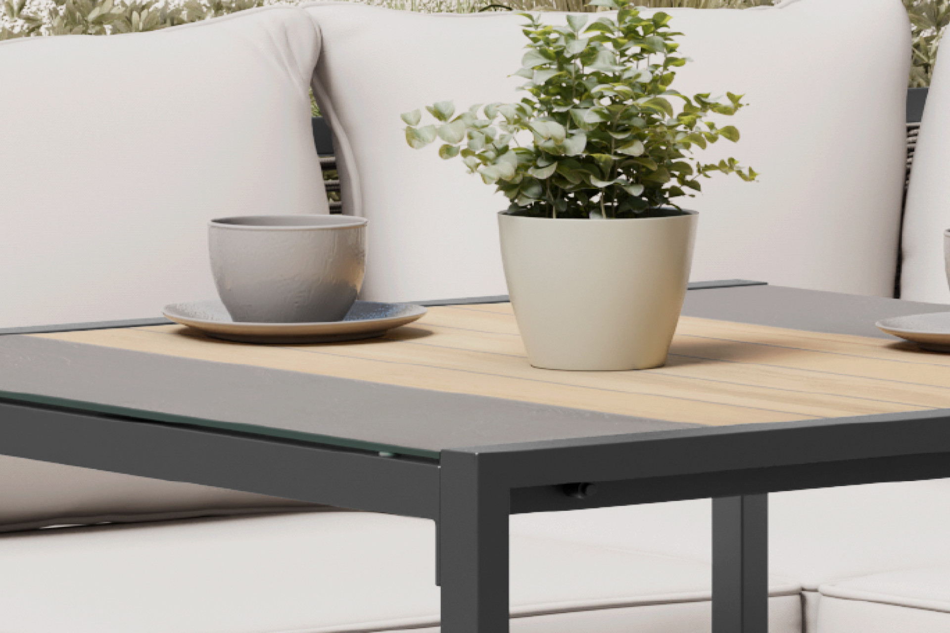 Dining Loungeset Tisch Glasplatte Naturfarbe grau Gestell Eisen Schwarz 