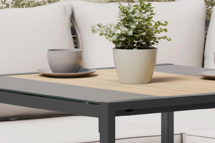 Dining Loungeset Tisch Glasplatte Naturfarbe grau Gestell Eisen Schwarz