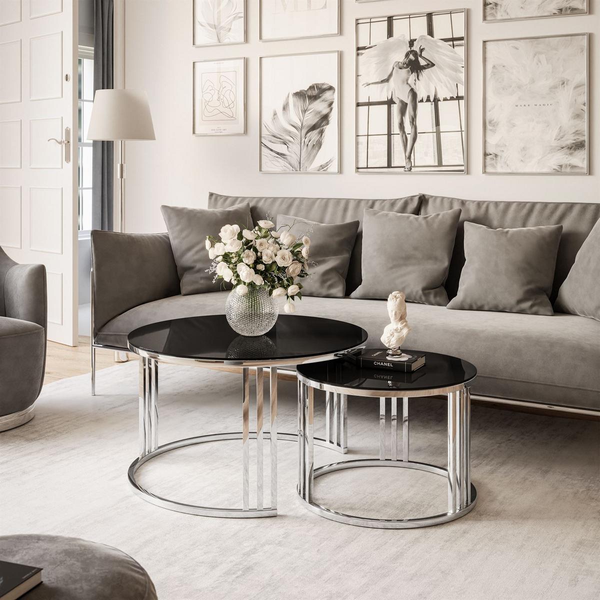 COUCHTISCH 2 in 1 LORI GLASS verchromt silber - Silberfarben/Schwarz, Glas (70/70/48cm) - Lookway