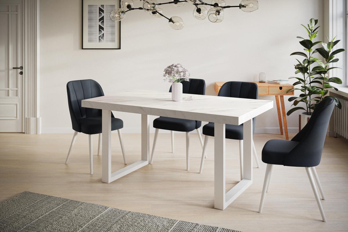 INDUSTRIELLER Esszimmertisch LOFT-U, ausziehbarer Tisch, Größe: 160-260X90X77 cm, Wohnzimmertisch Farbe: MARMUR, mit Metallbeinen in Farbe Weiß - Hellgrau/Weiß, Holzwerkstoff (160/90/77cm) - Alpi-Möbel