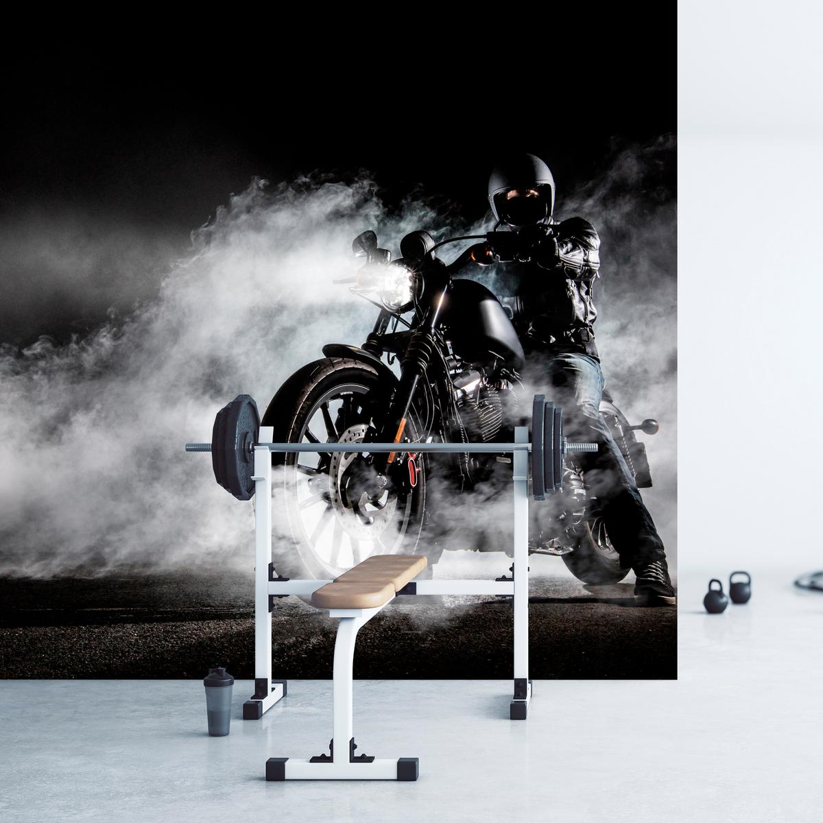 FOTOTAPETE für Jugendzimmer Motorrad Nebel Mann Straße Rauch Sport Action 350x256 - Schwarz/Weiß, Papier (350/256cm) - Muralo