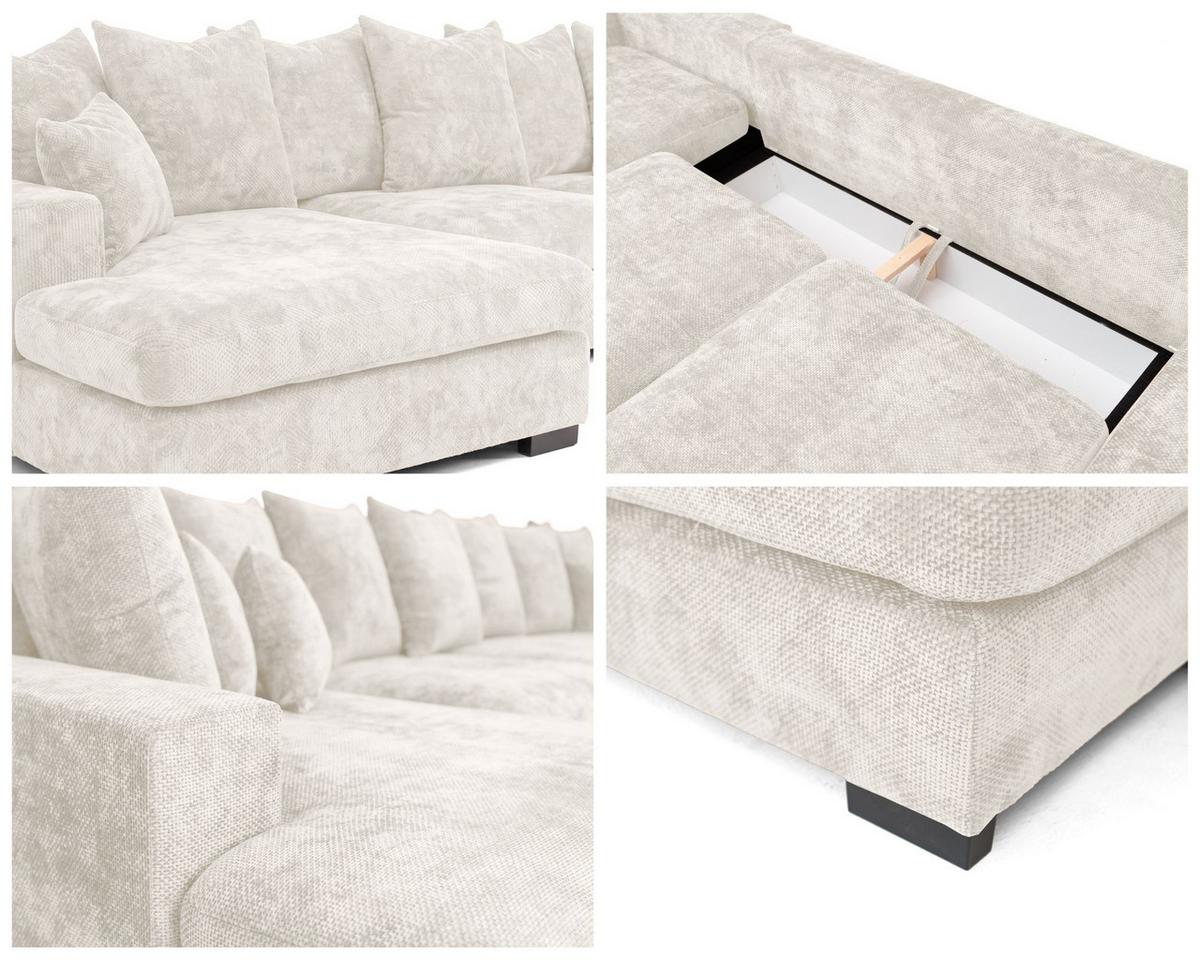 WOHNLANDSCHAFT Dahlia mit Schlaffunktion und Bettkasten in U-Form - Creme Chenille 373/92/155 cm - Creme/Schwarz, Kunststoff/Textil (373/92/155cm) - WFL GROUP