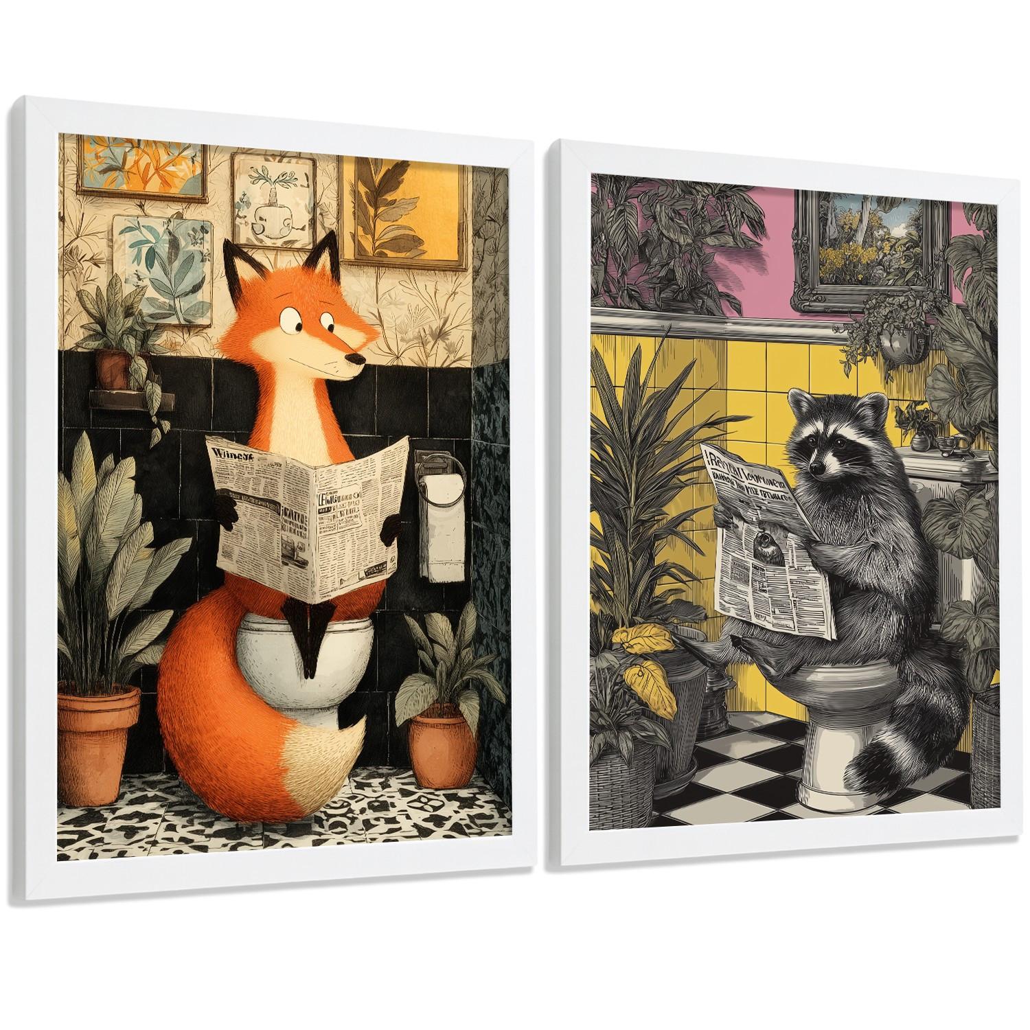 POSTER 2er-Set dekorative Badezimmer-Kunstdrucke, künstlerische für Wand, Waschbecken, Toilette mit Tieren auf der Toilette, Vintage Weißer Rahmen A3 - Weiß, Papier (42/29.7/3cm) - Nacnic