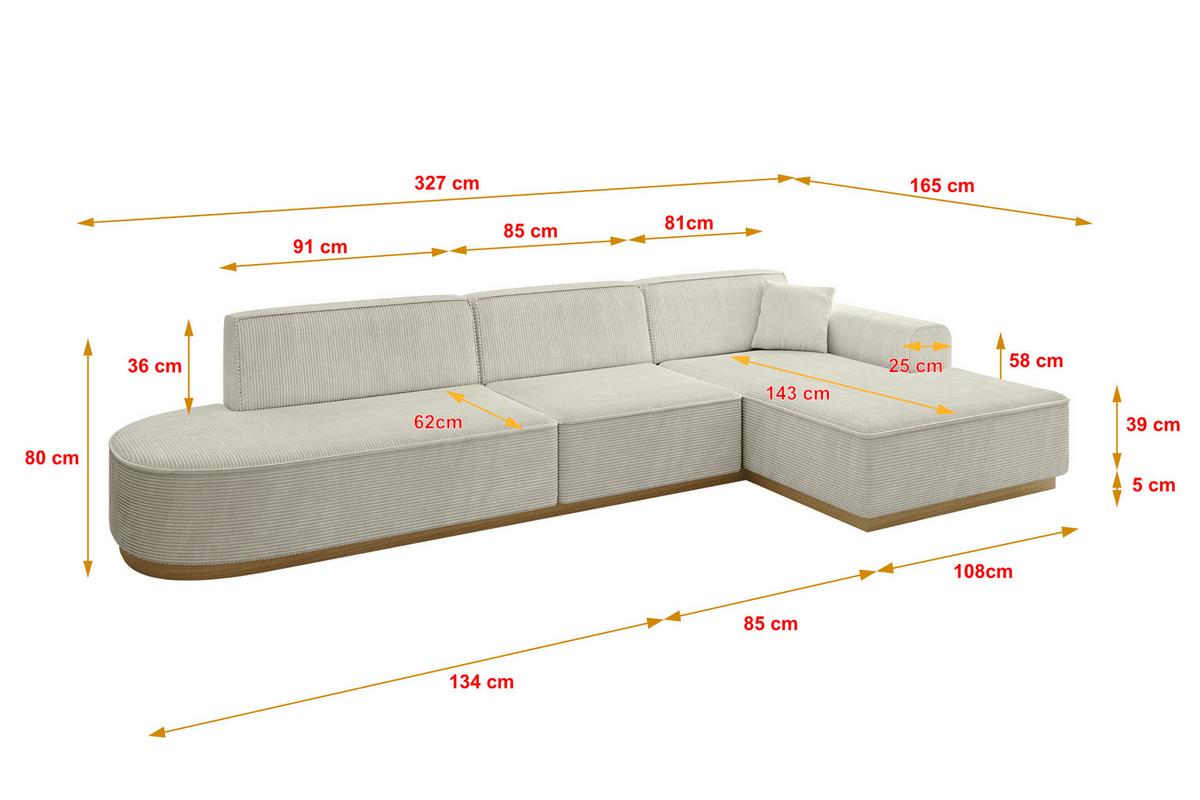ECKSOFA Ottomane Rechts IREA-L2-v2 - 327x165x80 cm Creme - Ecru/Creme, Holzwerkstoff/Textil (327/165cm) - ALTDECOR