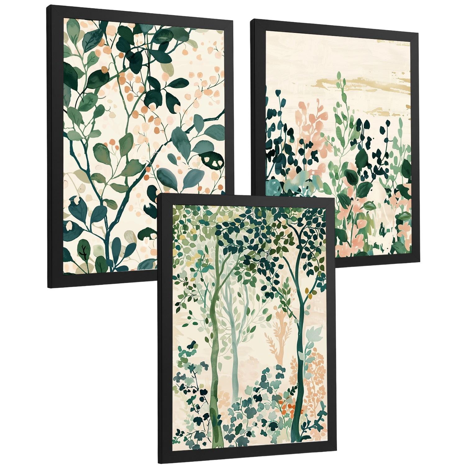 POSTER 3er-Set Wandbilder Floral Bäume modern Wohnzimmer Deko, Schlafzimmer, Küche, Badezimmer Schwarzer Rahmen A4 - Schwarz, Papier (29.7/1/21cm) - Nacnic
