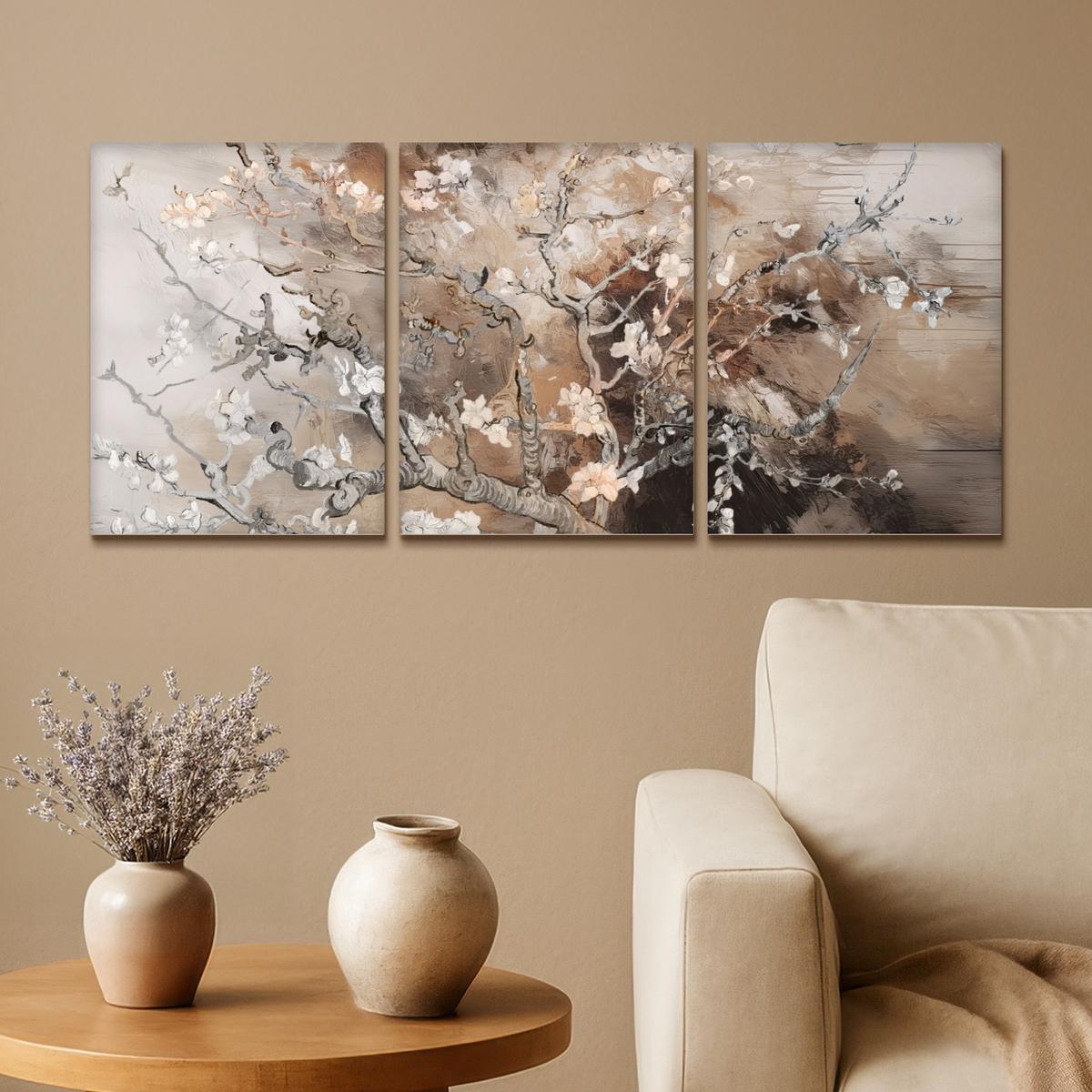 LEINWANDBILD 3er Set Mandelblüte - Abstrakt - Beige 90x40 cm - Beige, Textil (90/40cm) - MuchoWow