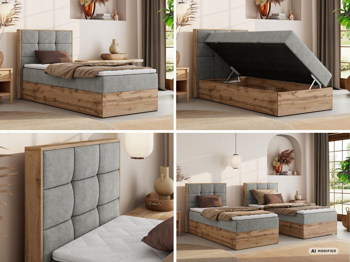 BOXBETT ALBERO 1 90/200 - Hellgrau Stukture - Topper T25 - H3 - Links - Silberfarben/Hellgrau, Kunststoff/Textil (90/200cm) - MKS