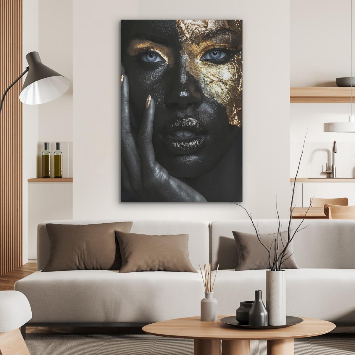 AKUSTIKBILD Frau - Gold - Porträt - Schwarz-Weiß - Luxus Wanddeko 70x100 cm - Hellblau, Kunststoff (70/100/0.9cm) - MuchoWow