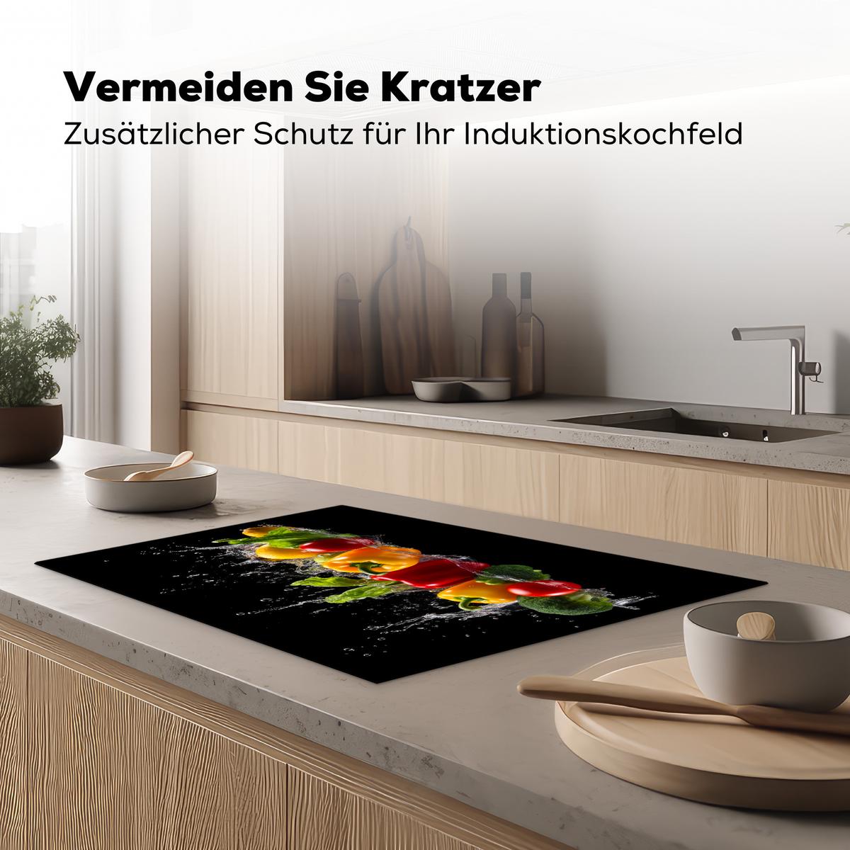 HERDABDECKPLATTE Paprika - Wasser - Gemüse - Schwarz Ceranfeldabdeckung 78x52 cm - Multicolor, Kunststoff (78/52/0.2cm) - MuchoWow