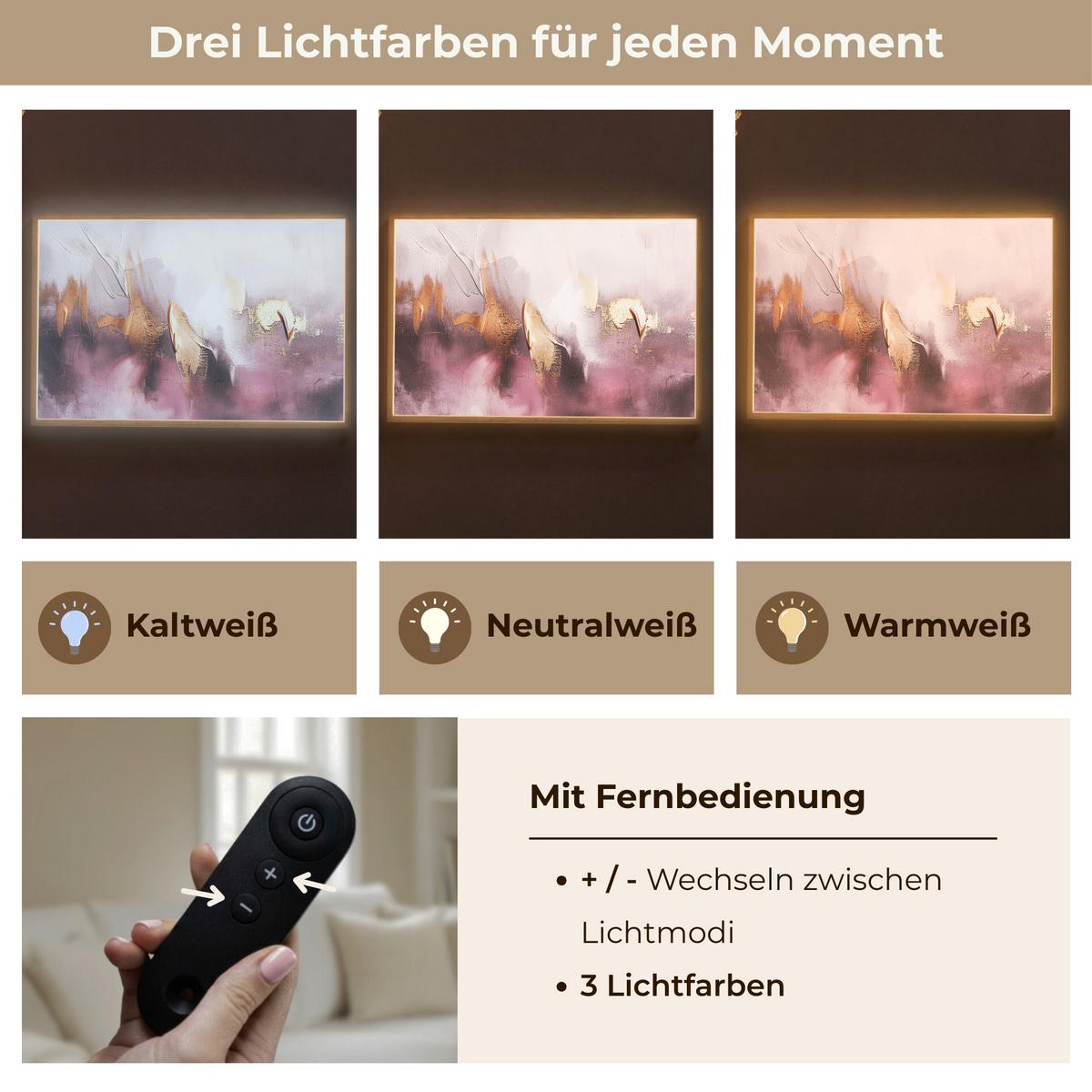 WANDLEUCHTE MIT AKKU Lila - Abstrakt - Farbe - Gold 90x60 cm - Mauve, Holzwerkstoff (90/60/8cm) - OnlyWow