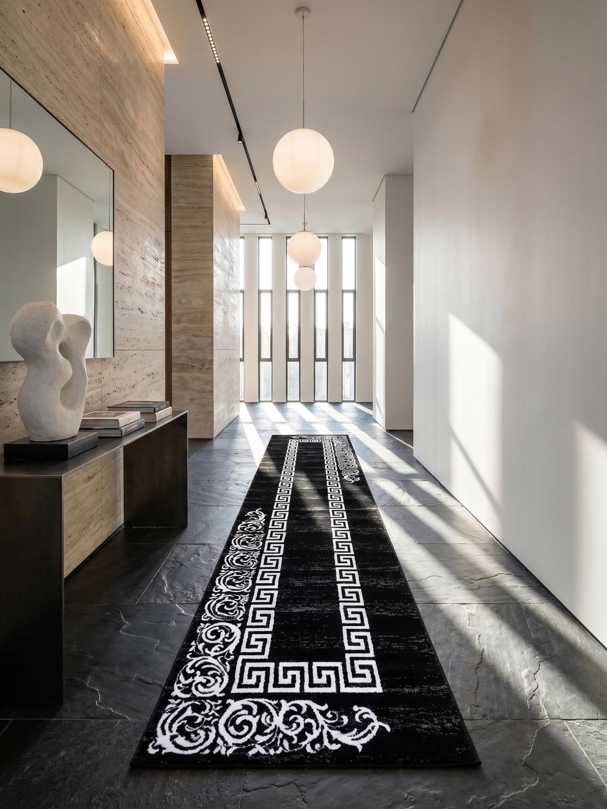 TEPPICH Kurzflor ASPEN in Schwarz, mit Mäander-Muster, 80 x 300 cm - Schwarz, Textil (80/300cm) - KADIMA DESIGN