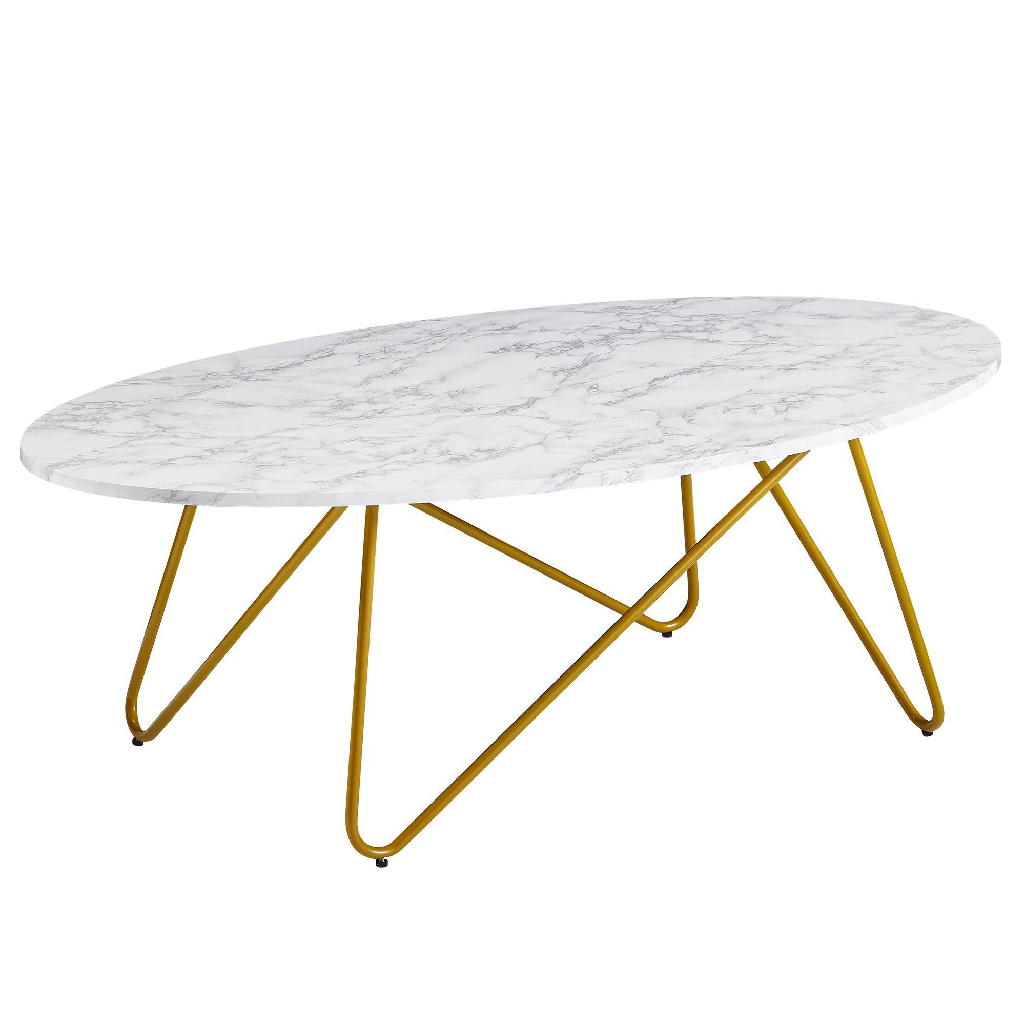 COUCHTISCH Oval in Marmor-Optik mit goldfarbenem Gestell, Maße 120x40x60 cm - Goldfarben/Weiß, Holz/Metall (60/120/40cm) - KADIMA DESIGN
