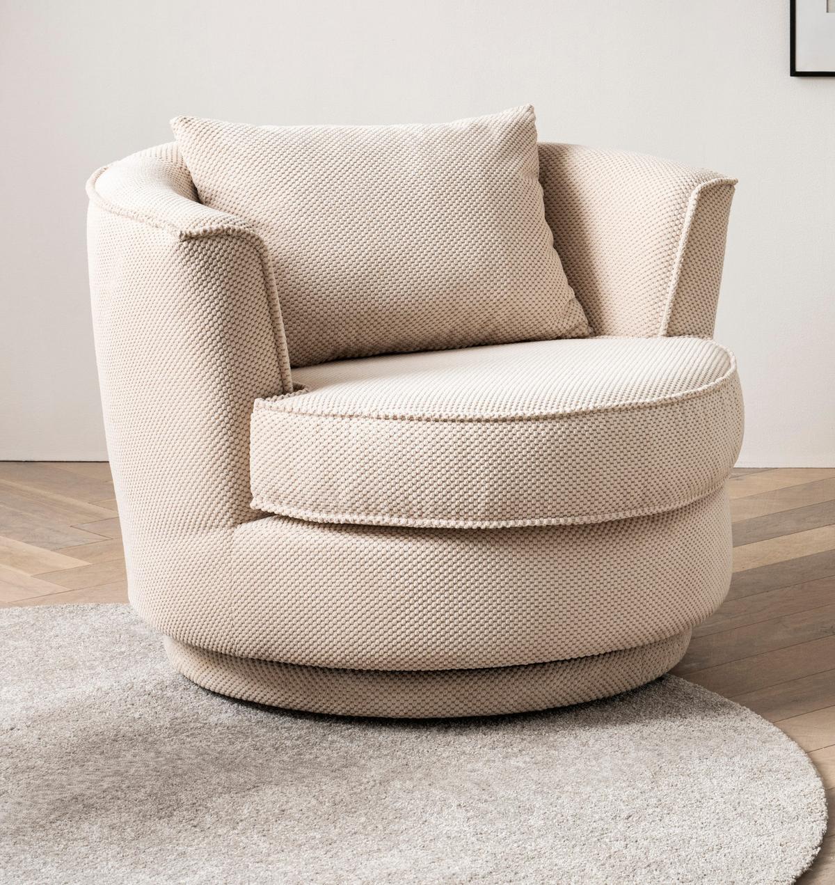 DREHSESSEL wollweiß Web-Velours, Sessel 360° drehbar inklusive Kissen - Creme/Weiß, Kunststoff/Textil (95/77/95cm)