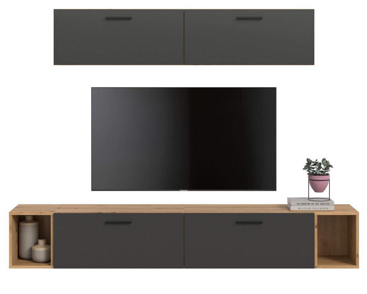 WOHNWAND grau, Eiche Artisan 202 cm, Schrankwand mit Soft-Close - Schwarz/Eiche Artisan, Holzwerkstoff/Kunststoff (202/184/34cm) - Inn.Furn
