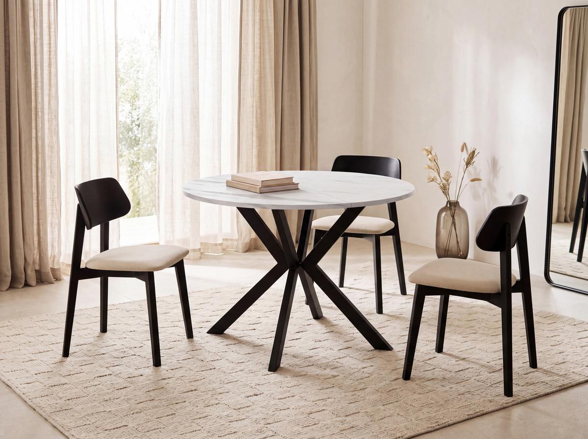 ESSTISCH Valio rund oval ausziehbar verlängerbar mit schwarzen Metallbeinen, Marmor Weiß 100-140/100/76 cm - Ecru/Schwarz, Holzwerkstoff/Metall (100/140/76cm) - WFL GROUP