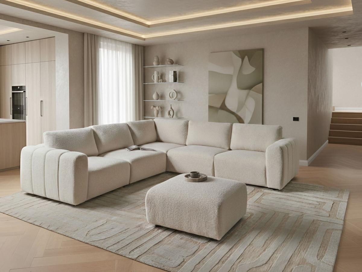 ECKSOFA Modul 5-Sitzer mit Ottomane Bouclé Cremeweiß rechtsseitig Kivvik - Creme, Textil (287/100cm) - Beliani